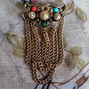 EMMONS Regalia 1969 Gold Tone Chatelaine Vintage Cabochon Brooch Festoon Chains
